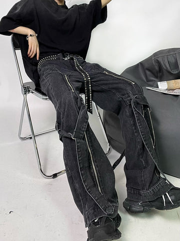 ReddaChic Acubi Pants Black Baggy Jeans with Zipper Slit 2-Strip Cyberpunk Y2k Grunge Goth Trousers Emo Streetwear