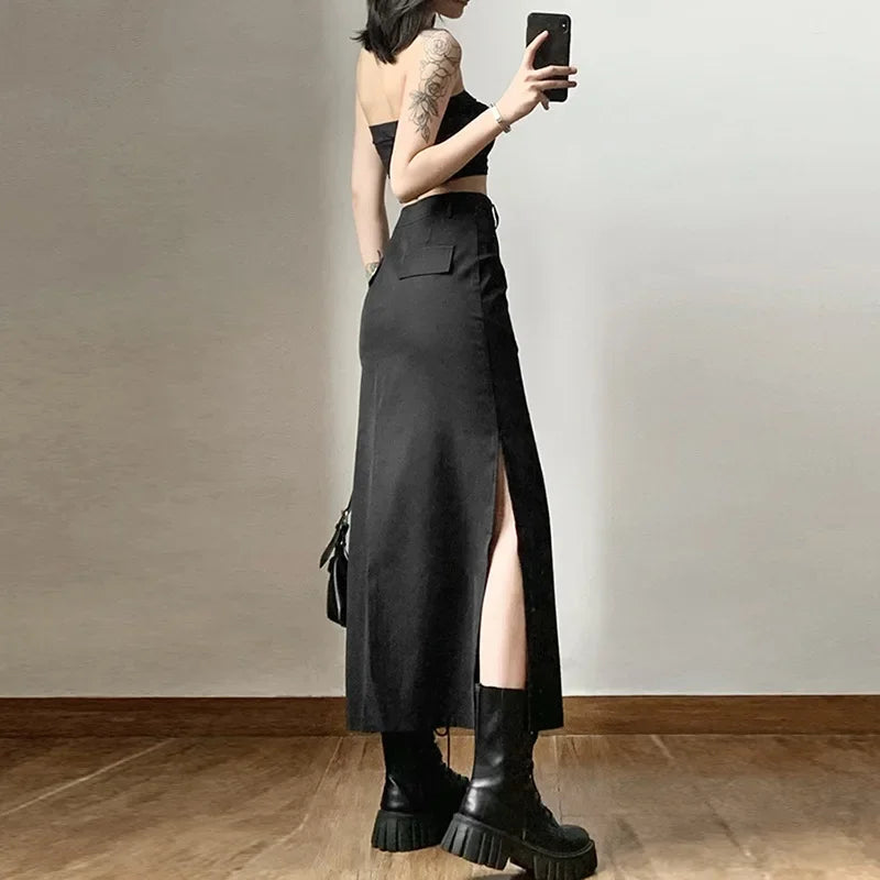 Midi Skirts Goth Dark Grunge Casual Tag Split Mall Gothic Punk High Raise Slim Long Skirt Y2k Streetwear