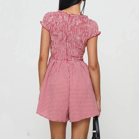 Y2k Gingham Playsuit Short Sleeve Smocked Babydoll Bodysuit Rompers Flowy A-Line Club Dress Retro Streetwear