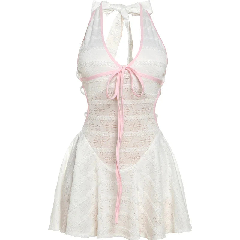 Classic Y2K Backless Dress See Through Pink Shirring Sleeveless Stretch Chic Midnight Mini Bodycon