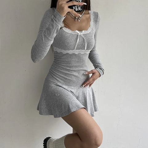 Voguable Lace Patchwork Knitted Mini Dresses Y2K Sweet Bow Bodycon Long Sleeve Pleated Dress Casual Korean Style