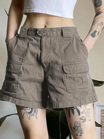 Y2k Vintage Streetwear Cargo Denim Shorts American Retro Harajuku Solid Loose Jeans Casual Pocket Chic
