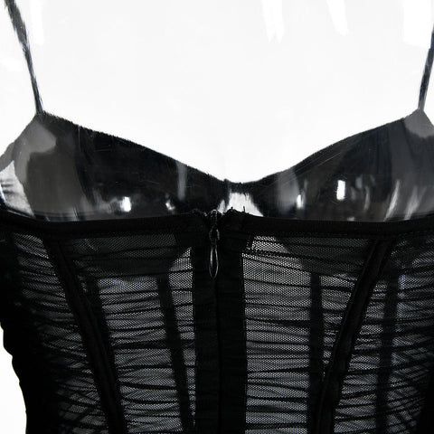 Voguable  Spaghetti Strap Long Lantern Sleeves Ruched Mini Dresses Woman Y2k Mesh Vintage Dress Club Party Vestidos