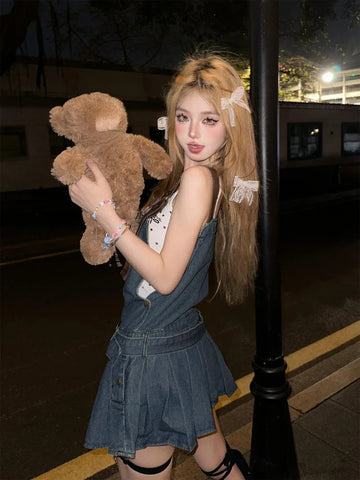 Voguable  2000s Vintage Denim Y2k Mini Dress  Elegant Jean Strap Dress Casual Streetwear Sleeveless Dress Korean Chic