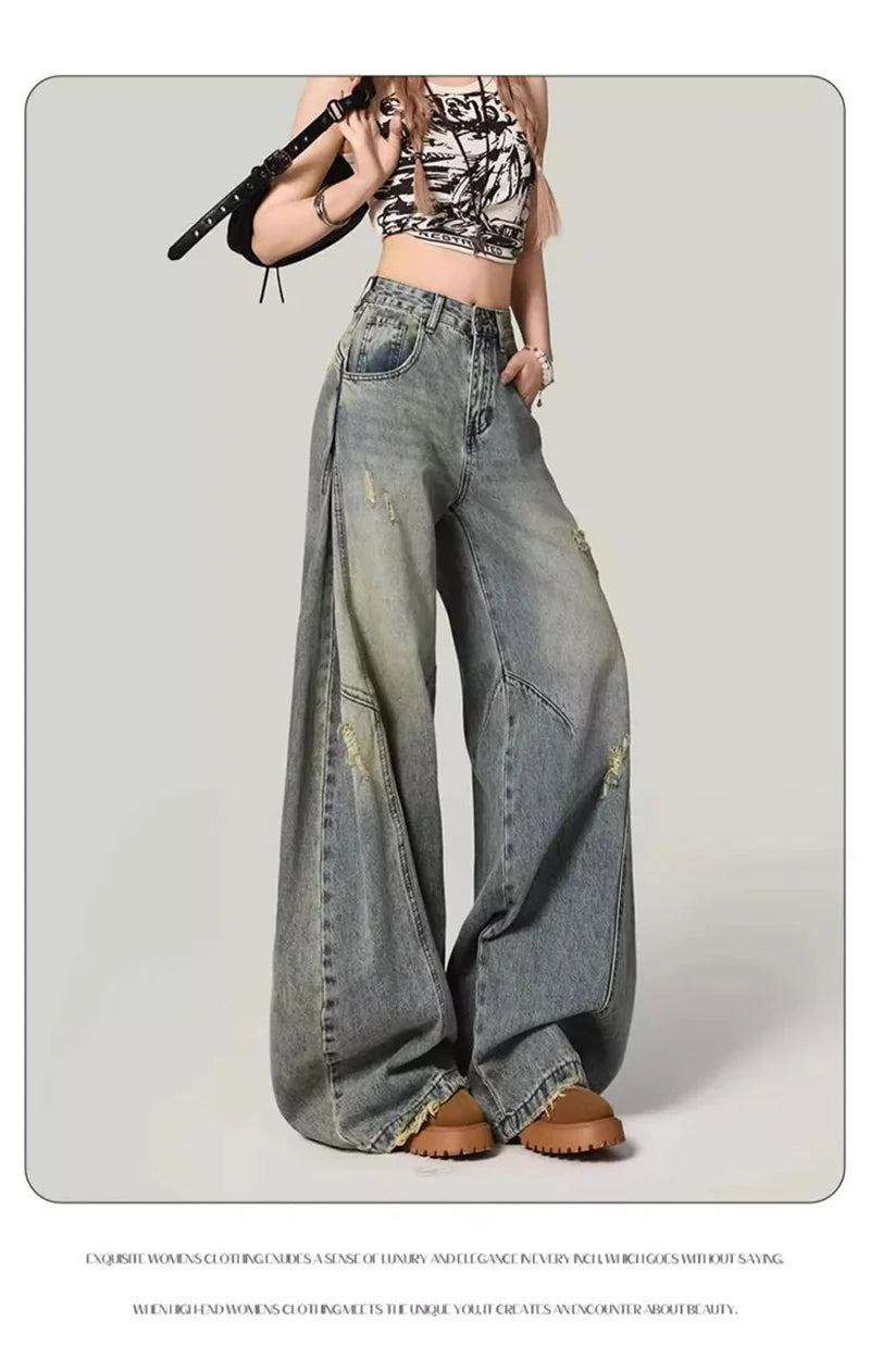 Y2K Hole Jeans Streetwear American Retro High Waist Loose Denim Pants Casual Hip Hop Vintage Pockets Lady Gothic Trousers