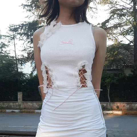 Voguable  Sweet Lace Stitching Hollow Out Tank Top Cute Bow Bandage Sleeveless Crop Tops Y2K Casual Basic Vest Lolita Camis