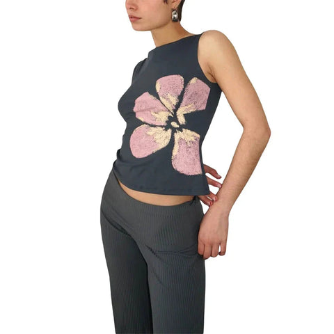 Coquette Tank Tops Floral Print Boat Neck Sleeveless T Shirts Vest y2k Fairycore Clothing Streetwear