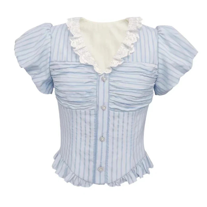 Voguable Japanese Style Kawaii Suit Girls Cute Stripe Slim Bouse + Bow Y2k Mini Skirt Korean Sweet Skirt Set Woman Chic