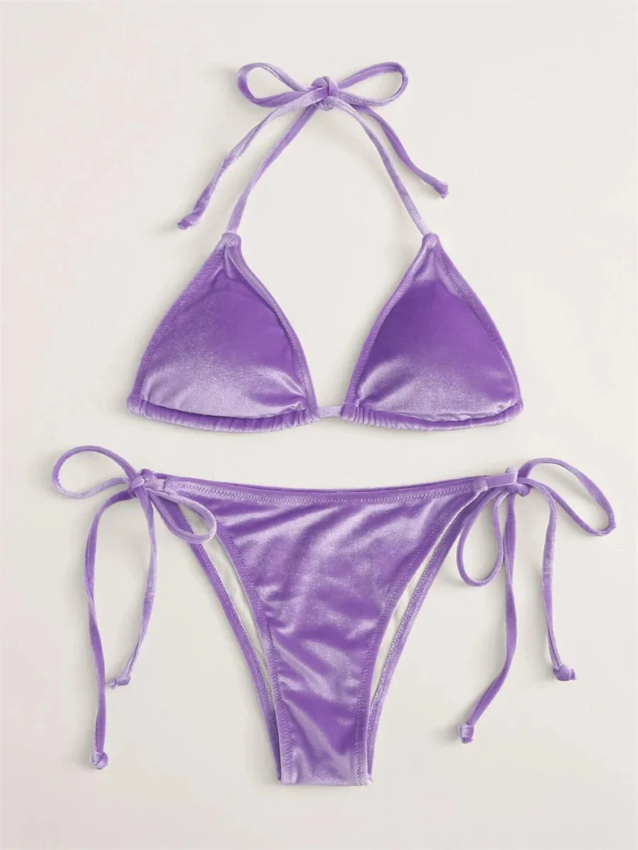 Voguable Triangle Bikinis Set Solid Pink Criss Cross Velvet Swimsuit Luxury Rhinestone Bathing Suit Metal Swimwear Y2K