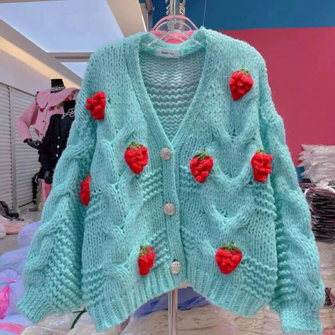Winter Strawberry Knitting Cardigan Y2K Loose Long Sleeve Thicken Warm Sweater Korean Chic Preppy Sweater
