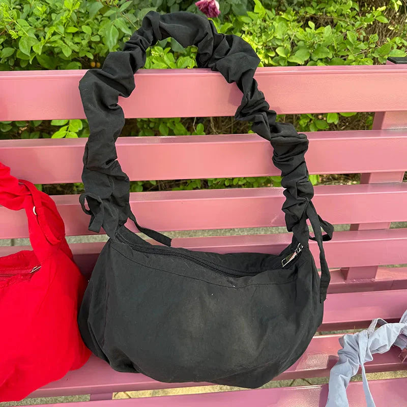 Korean Casual Pleated Drawstring Handbags Simple Solid Crossbody Bag Sweet Y2k Aesthetic Office Lady Shoulder Bags