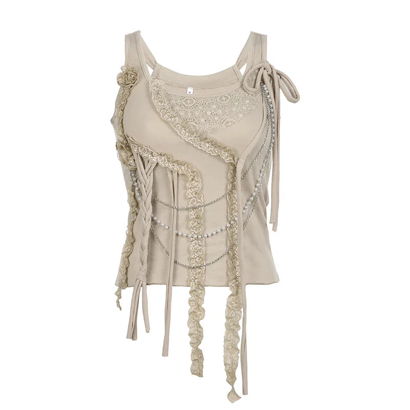 Voguable  Fairycore Lace Ruffle Pearl Chain Decorate Crop Top Coquette Sleeveless Tops Grunge 2000S Y2K Camis Cute Tank Tops