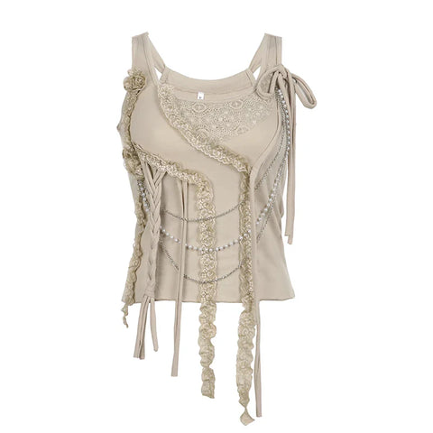 Voguable  Fairycore Lace Ruffle Pearl Chain Decorate Crop Top Coquette Sleeveless Tops Grunge 2000S Y2K Camis Cute Tank Tops