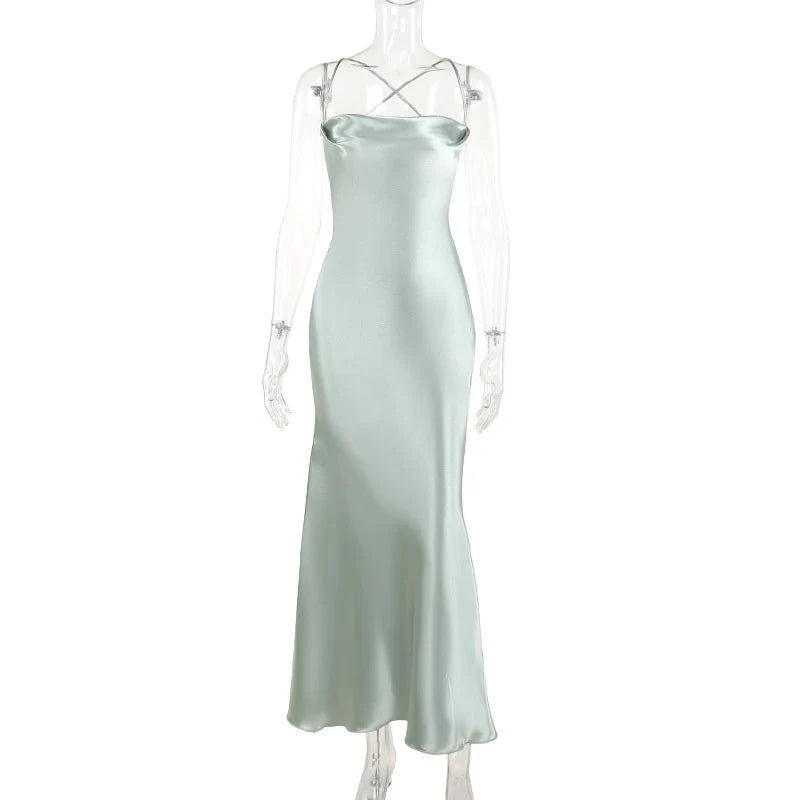 French Elegant Satin Camis Dress Backless Spaghetti Straps Midi Dress Y2K Solid Sleeveless Party Night Vestidos