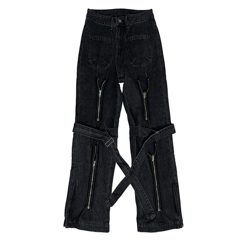 ReddaChic Acubi Pants Black Baggy Jeans with Zipper Slit 2-Strip Cyberpunk Y2k Grunge Goth Trousers Emo Streetwear