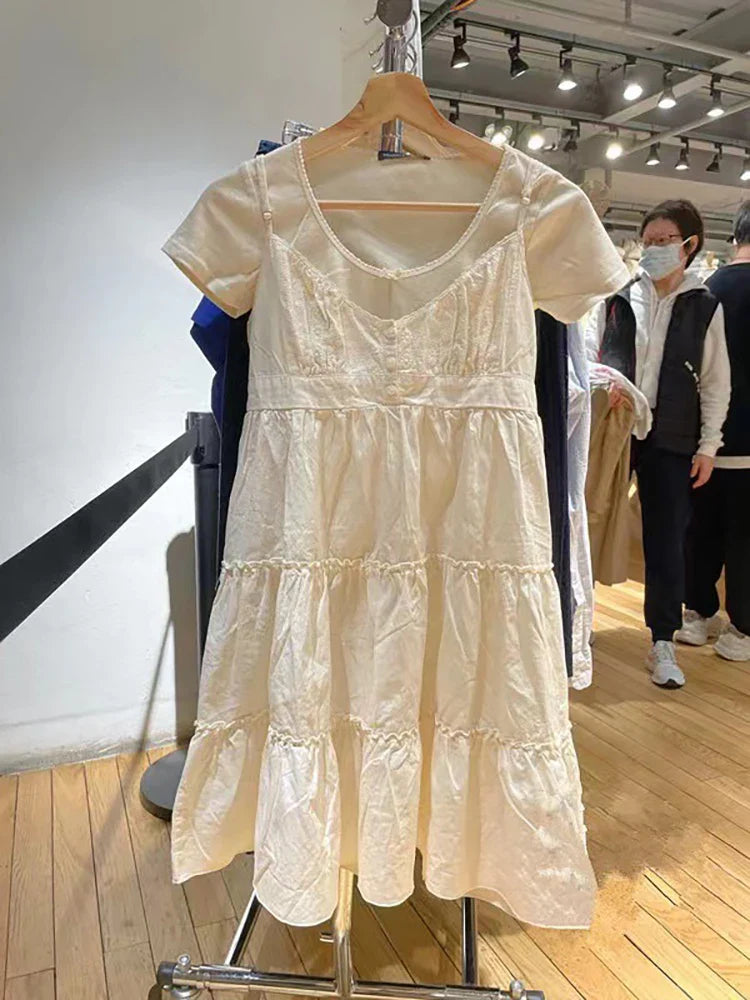 Voguable  Vintage Girls y2k Sweet Cascading Yellow Dress Ladies Soft Cotton Cute Midi Dresses for Chic Outfits