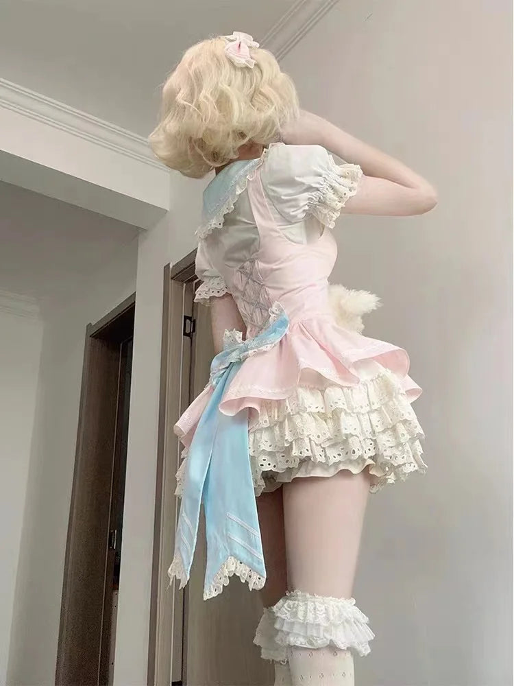 Voguable Lolita Kawaii 2 Piece Sets Cute Slim Blouse Blouse + Sweet Lace Sleeveless Y2k Mini Dress Japanese Style Suit