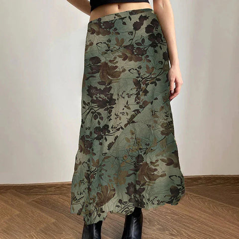 Vintage Print Loose Midi Skirt Retro y2k Low Rise Casual Skirts 2000s Aesthetic Ladies's Bottoms Harajuku Clothing