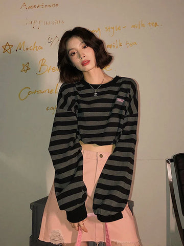 Voguable Cropped Y2K Striped Sweatshirts Harajuku Gothic Tops Vintage Streetwear Casual Bf Oversize Long Sleeve Pullover