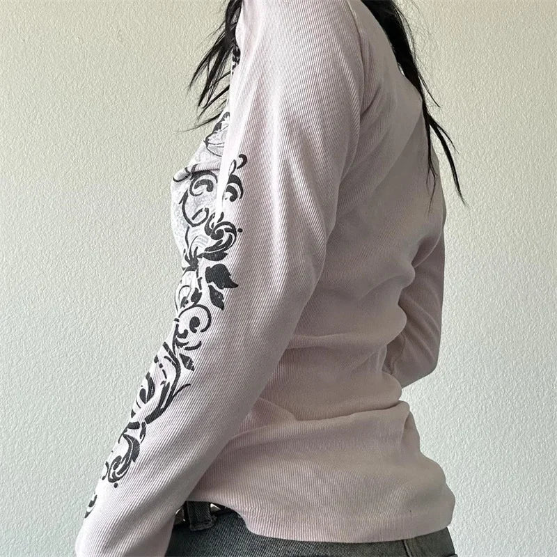 Fairy Grunge y2k Top Aesthetic Clothes Floral Print V Neck Long Sleeve T Shirt 2000s Gothic Clothing Streetwear