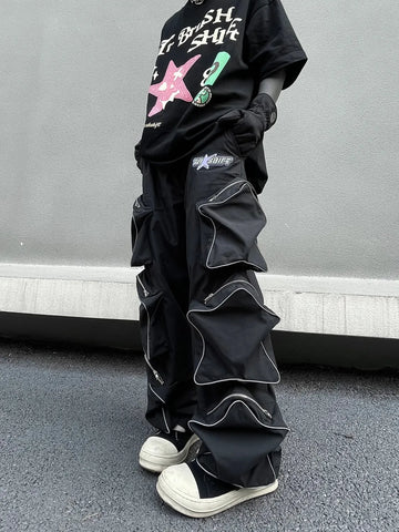Voguable Y2k Cargo Pants Five Pointed Star Three Dimensional Multi Pocket Black Pants Reflective Casual Straight Leg Pants Streetwear