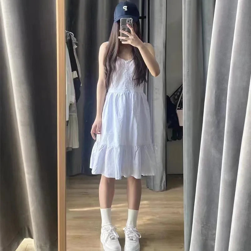 Voguable Vintage Girls Y2K Sweet Slim Striped Mini Dress Ladies Soft Cotton Cute Strapped Dresses for Chic Outfits