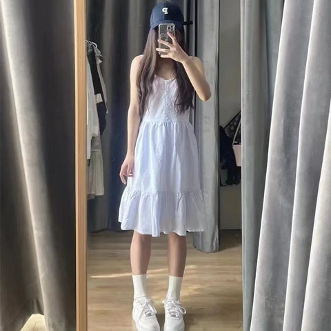 Voguable Vintage Girls Y2K Sweet Slim Striped Mini Dress Ladies Soft Cotton Cute Strapped Dresses for Chic Outfits