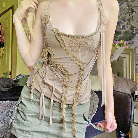 Voguable  Fairycore Lace Ruffle Pearl Chain Decorate Crop Top Coquette Sleeveless Tops Grunge 2000S Y2K Camis Cute Tank Tops