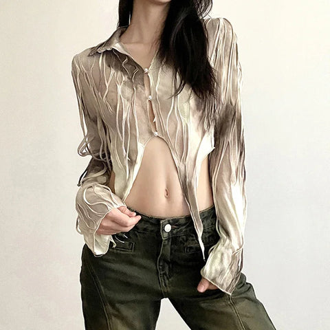 Goth Dark Tassel Tie Dye Fairy Grunge Blouses Gothic Vintage Y2k Frayed Crop Tops Streetwear Long Sleeve Slim T-shirt