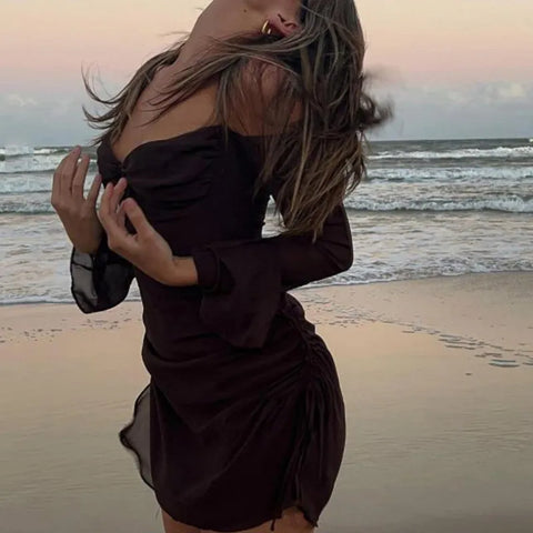 Y2K Fairycore Mesh Halter Dress Chic Flare Sleeve Side Drawstring Ruched Mini Dress Elegant Lady Beach Holiday Club Party