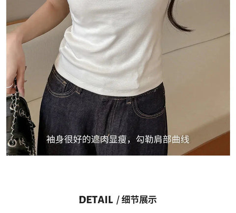 Solid Off Shoulder Short Sleeve T Shirt Simple Basic Single Sleeved Jumper Top Streetwear Slim Fit FeY2K Clothes Tees