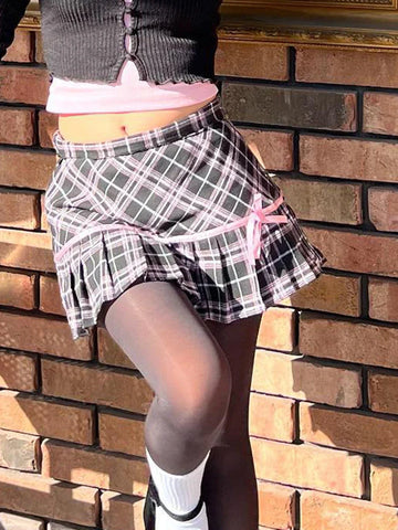 Voguable Y2K Preppy Style Plaid Ribbons Bow A-line Pleated Mini Skirt Dark Academia High Waist Short Skirts Cute Aesthetic