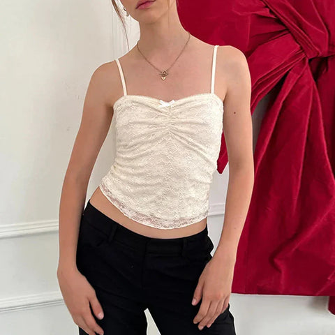 Voguable Sweet Floral Lace Patchwork Crop Top White Black Coquette Aesthetic Double Layer Folds Camis Y2K Cute Vest  Women