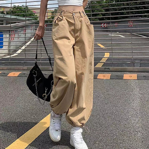 Voguable  Khaki Oversized Cargo Baggy Pants Y2K Hip Hop Style Loosed  Adjustable Waist Drawstring Long Pant Streetwear 90s Style Clothes