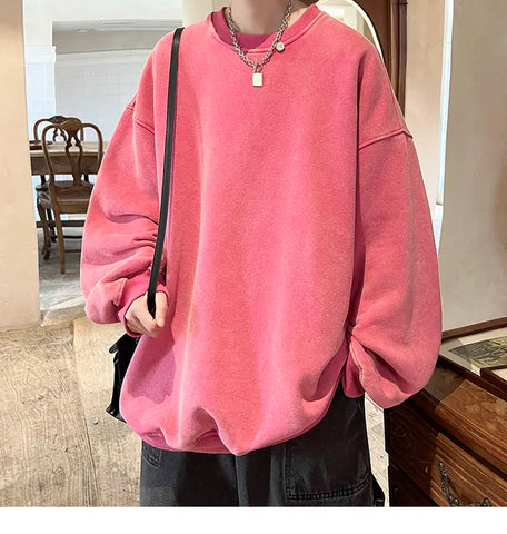 American Washed Old Pullovers Sweatshirts Loose Solid Color Large Size Warm O Neck Tops Hip Hop Y2k Sweatshirt