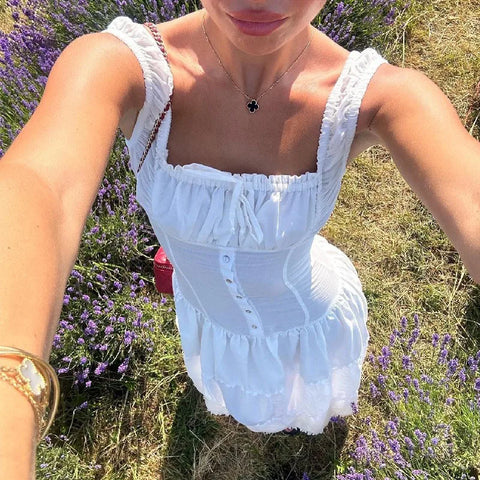 Voguable Elegant Square-Neck White Dress Slim Lace Up Sleeveless Dress Y2K Korean Buttons Beachwear Party Vestido New