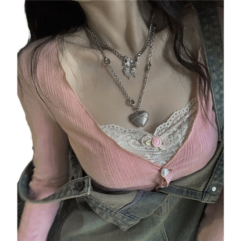 y2k Crop Top Sweet Aesthetic Clothes Lace Patchwork Long Sleeve T Shirt with Bow Decor 2000s Clothing Streetwear