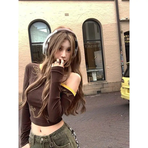 American Retro Patchwork Graphic T Shirts Woman Clothing One Shoulder Long Sleeve 2000s Clothes Y2k Tops