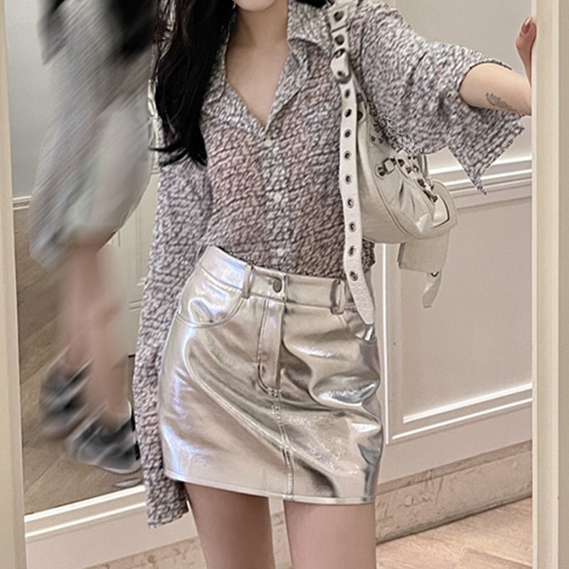 Pink Silver Reflective Shiny Patent Leather Mini Skirts for High Waist A Line Short Y2K Clothes