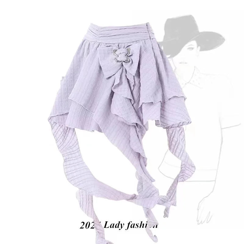 Voguable Harajuku Skirt Chic A-line Korean Sweet Saia Bow Irregular Y2k Mini Skirts Ruffles Jupe Clothing