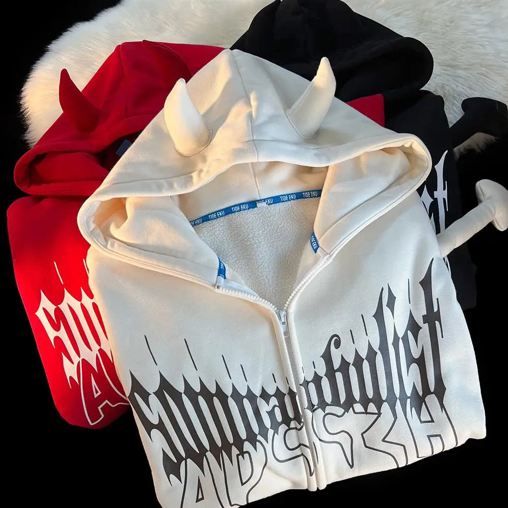 Voguable Dark Designer Devil Horn Tail Zip Up Hoodies Jackets Teenage Y2K Top Goth Print Oversized Sweatshirt Loose Casual Winter Clothes