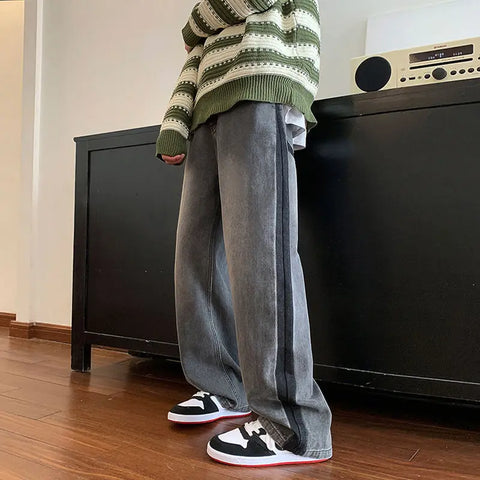 Voguable  Man Cowboy Pants Straight Vintage Jeans Patchwork Trousers Wide Leg with Pockets Original Casual Japanese Street Style Y2k