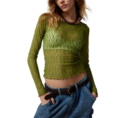 Lace Tops for y2k Clothes Sheer See Through Round Neck Long Sleeve Ruched T Shirt 2000s Clothing Party Clubwear