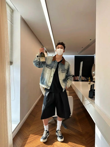 and Style Distressed Denim Jacket Korean Style Premium Contrast Color Casual Lapel Clothing Y2k