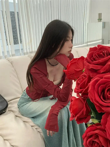 Voguable Burgundy Mesh Tops Long Sleeve Lace Up Square Collar T Shirt Crop Top Grunge Y2k  Chic Tops Streetwear