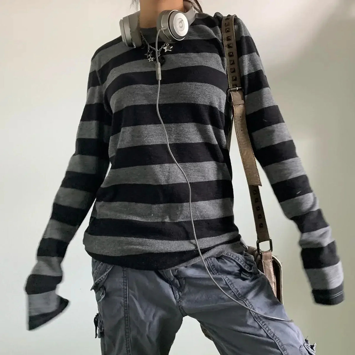 y2k Aesthetic T Shirt  Grey Striped Long Sleeve Tops Gothic E Girl Punk Dark Academia Clothes Streetwear