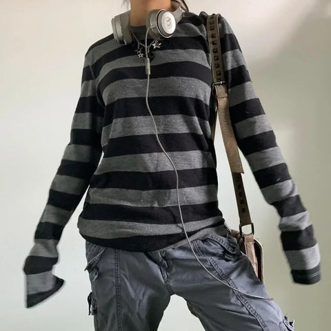 y2k Aesthetic T Shirt  Grey Striped Long Sleeve Tops Gothic E Girl Punk Dark Academia Clothes Streetwear