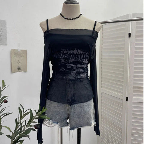 Slash Neck Mesh Sunscreen T Shirt Y2K Streetwear Print Long Sleeve Patchwork Camis Suit Folds Slim All Match Tees