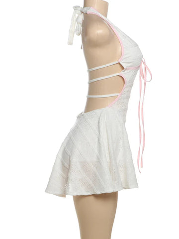 Classic Y2K Backless Dress See Through Pink Shirring Sleeveless Stretch Chic Midnight Mini Bodycon