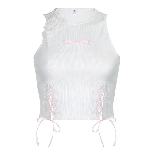 Voguable  Sweet Lace Stitching Hollow Out Tank Top Cute Bow Bandage Sleeveless Crop Tops Y2K Casual Basic Vest Lolita Camis
